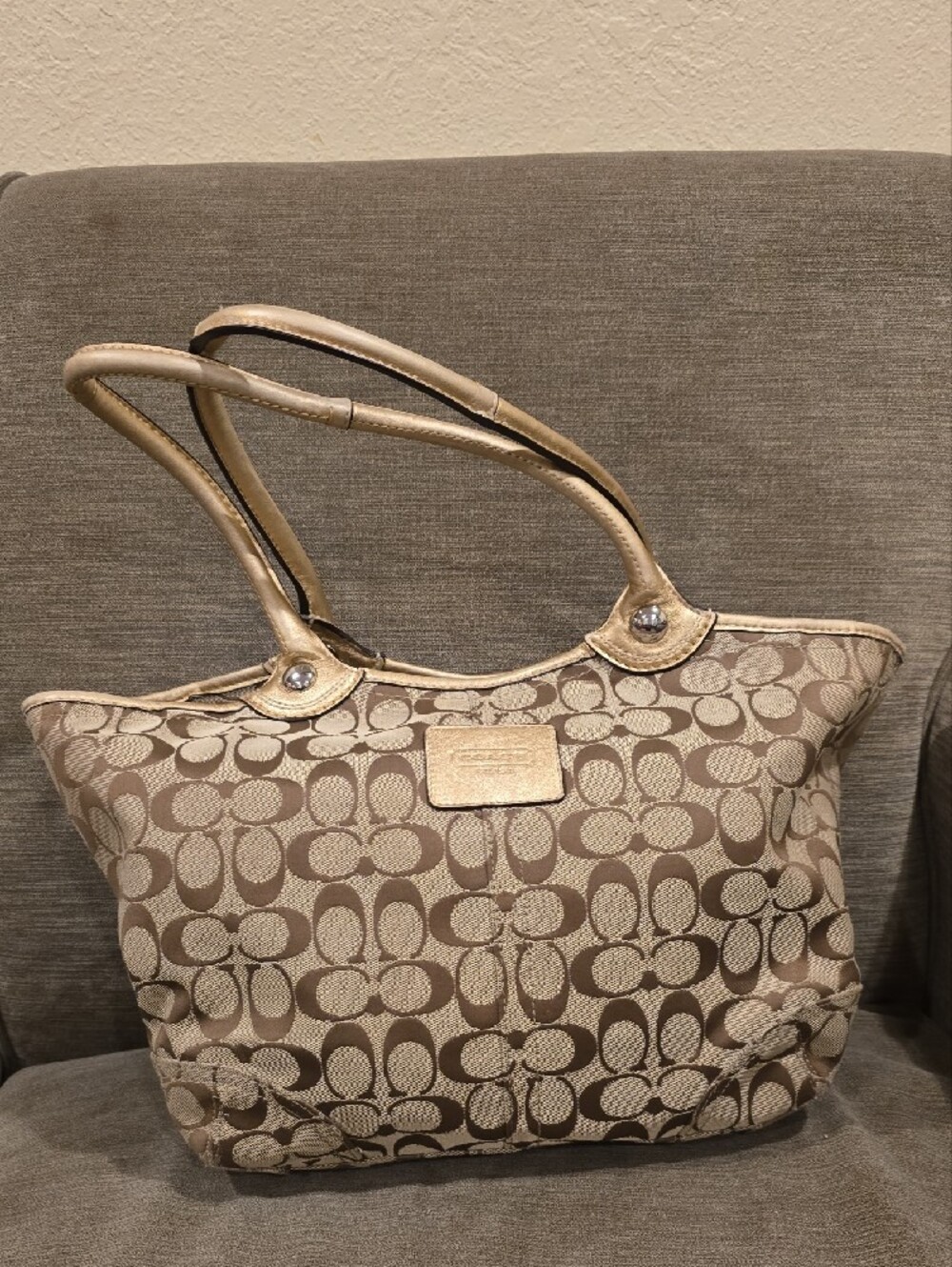 COACH Signature C Khaki & Gold Metallic Sateen Glam Tote Shoulder Bag Y2K